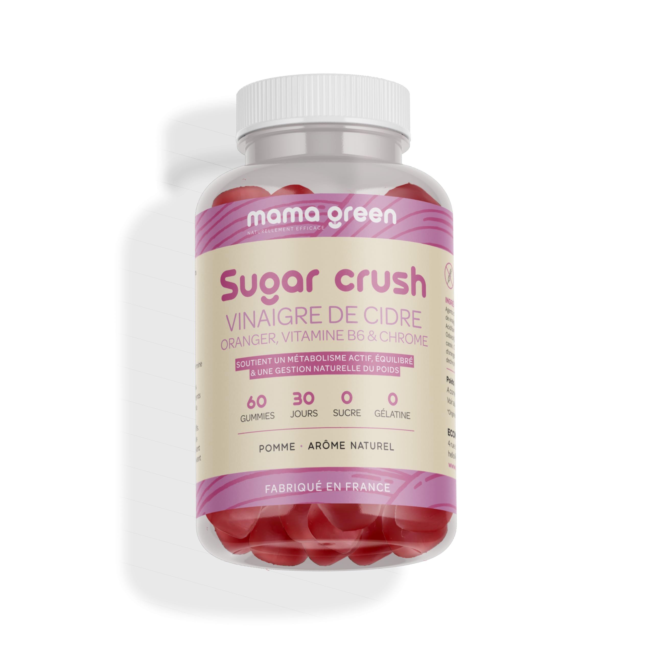 Mama Green - Gummies Sugar Crush - Vinaigre de cidre – Gestion du métabolisme - 60 gummies - Sans sucre – Sans colorants et arômes artificiels - Fabriqué en France