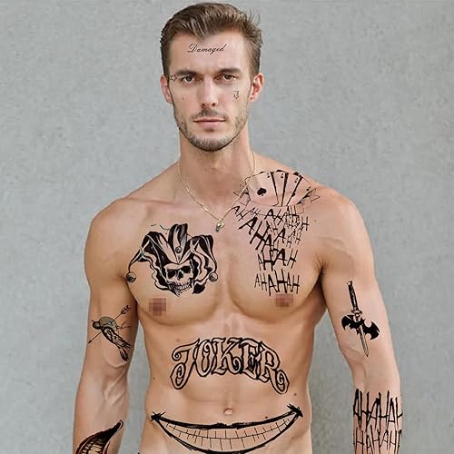 Miniatura 3 de 4 hojas de tatuajes de Joker de gran tamaño, tatuaje falso temporal de Halloween para hombres y adultos, todas las versiones, calcomanías realistas