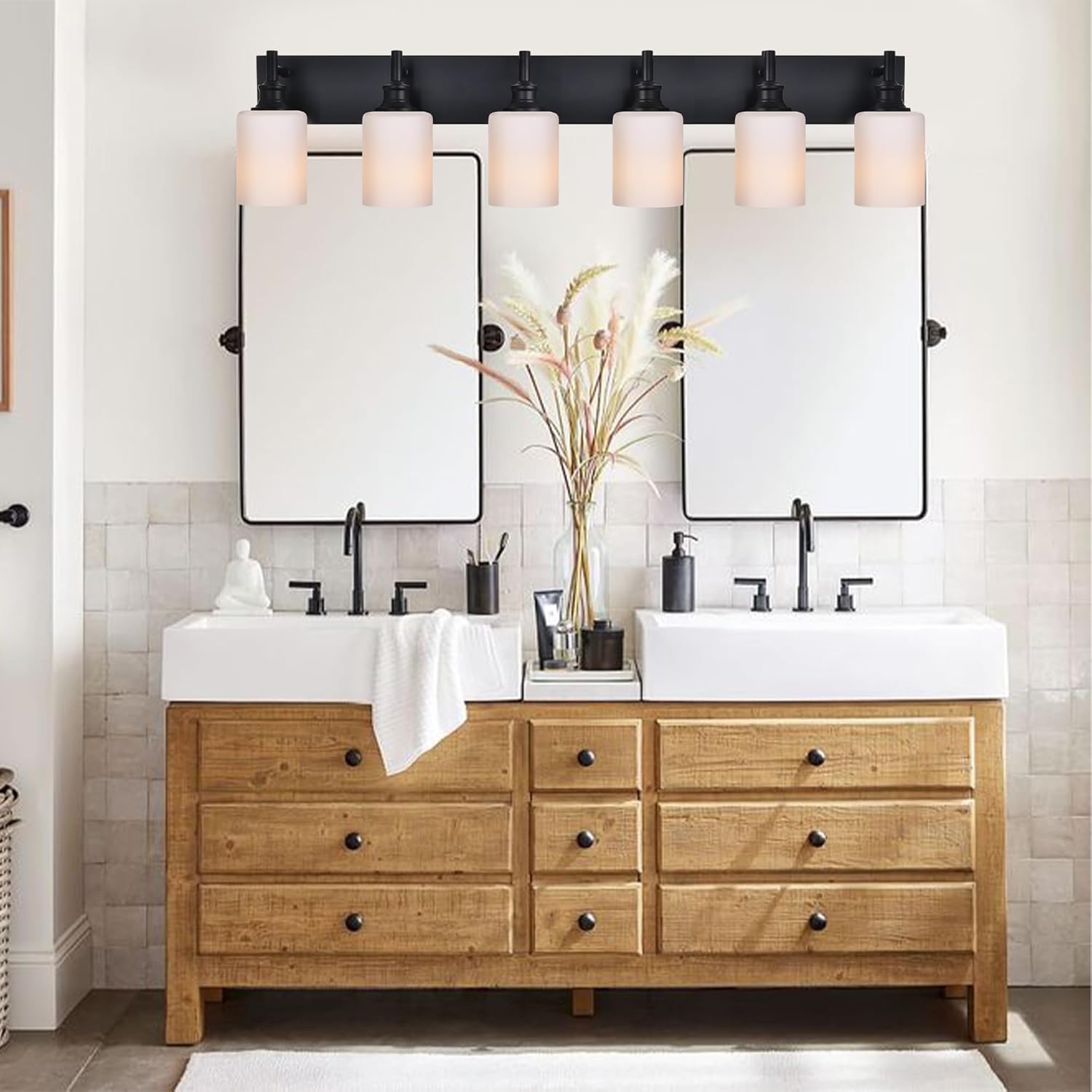 Black Bathroom Lighting Fixtures Over Mirror, 6 Light Bathroom Vanity Light with Opal White Glass Shade, Modern Wall Sconces Lighting Vanity Fixtures for Bedroom Living Room