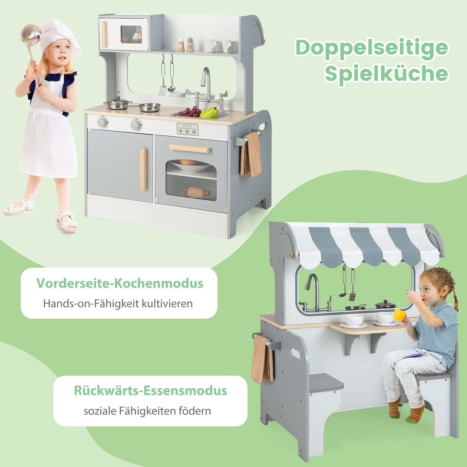 COSTWAY 2 in 1 Kinderküche mit Zubehör, Spielküche mit Restaurant zum Kochen & Servieren, Holzküche inkl. Wasserhahn Spüle Herd Ofen Handtuchhalter Haken, Spielzeugküche für Kinder ab 3 Jahren