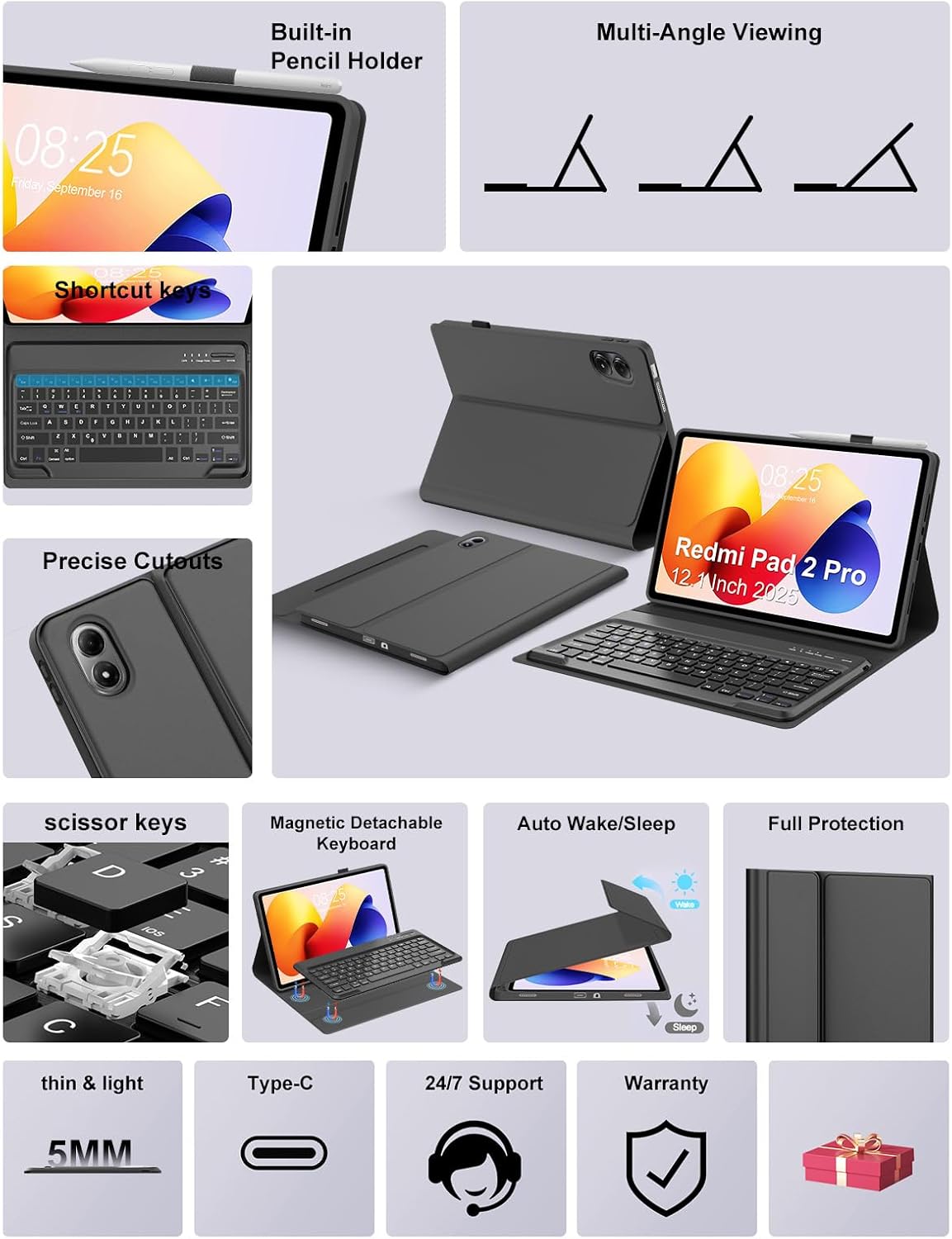 Keyboard Case for Xiaomi Redmi Pad 2 Pro 12.1'' 2025/Mi Pad Pro2024/Xiaomi Poco Pad12.1 Inch Case with Keypad, Detachable Wireless Key Board Cover with Pen Slot for Redmi Pro 12.1in Tablet, Black