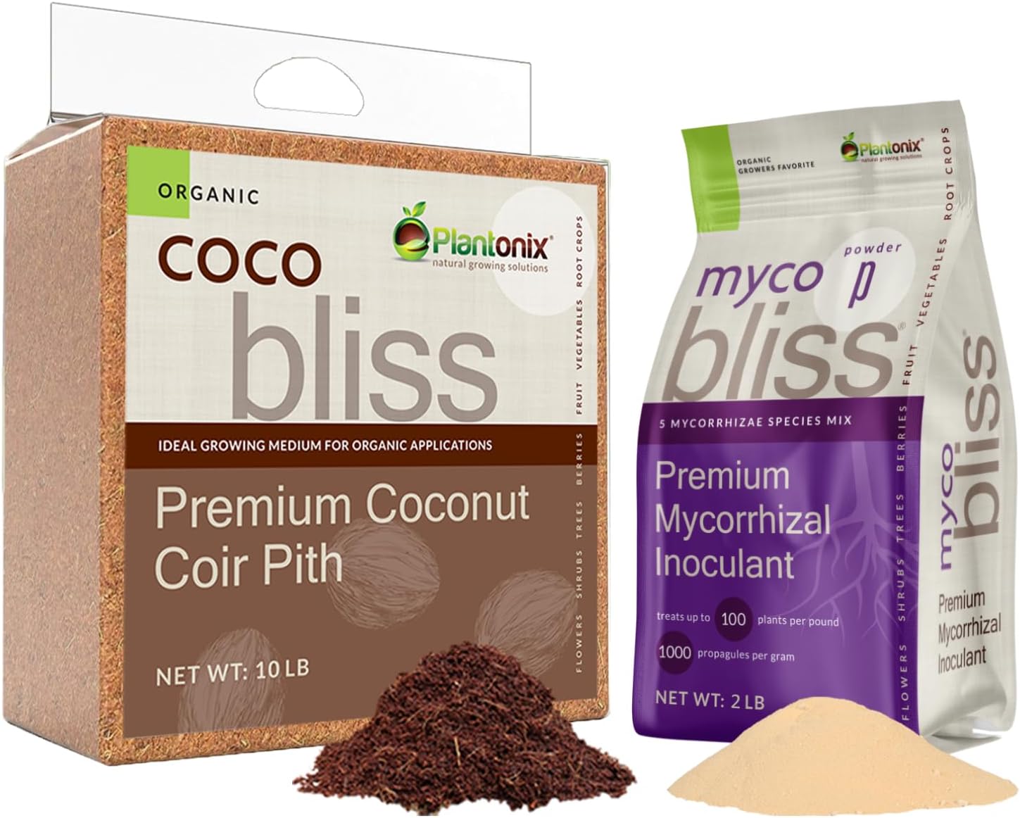 Coco Bliss (10lbs) + Myco Bliss Powder (2lbs) - Organic Coco Coir for Plants & Mycorrhizal Fungi Inoculant - Mycorrhizae for Plants - Coconut Soil Coconut Coir Brick - Garden Soil & Potting Soil Mix