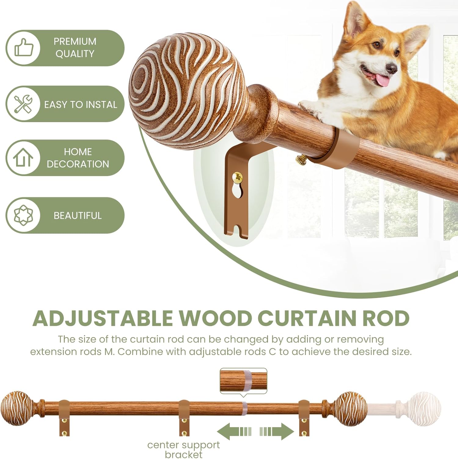 TKZTKZ Boho Wood Curtain Rods for Windows 36-88",1 Inch Heavy Duty Wooden Curtain Rod,Decorative Rustic Farmhouse Drapery Rods for Bedroom Living Room Kitchen Nursery (Iron Rod with Wood Grain Finish)