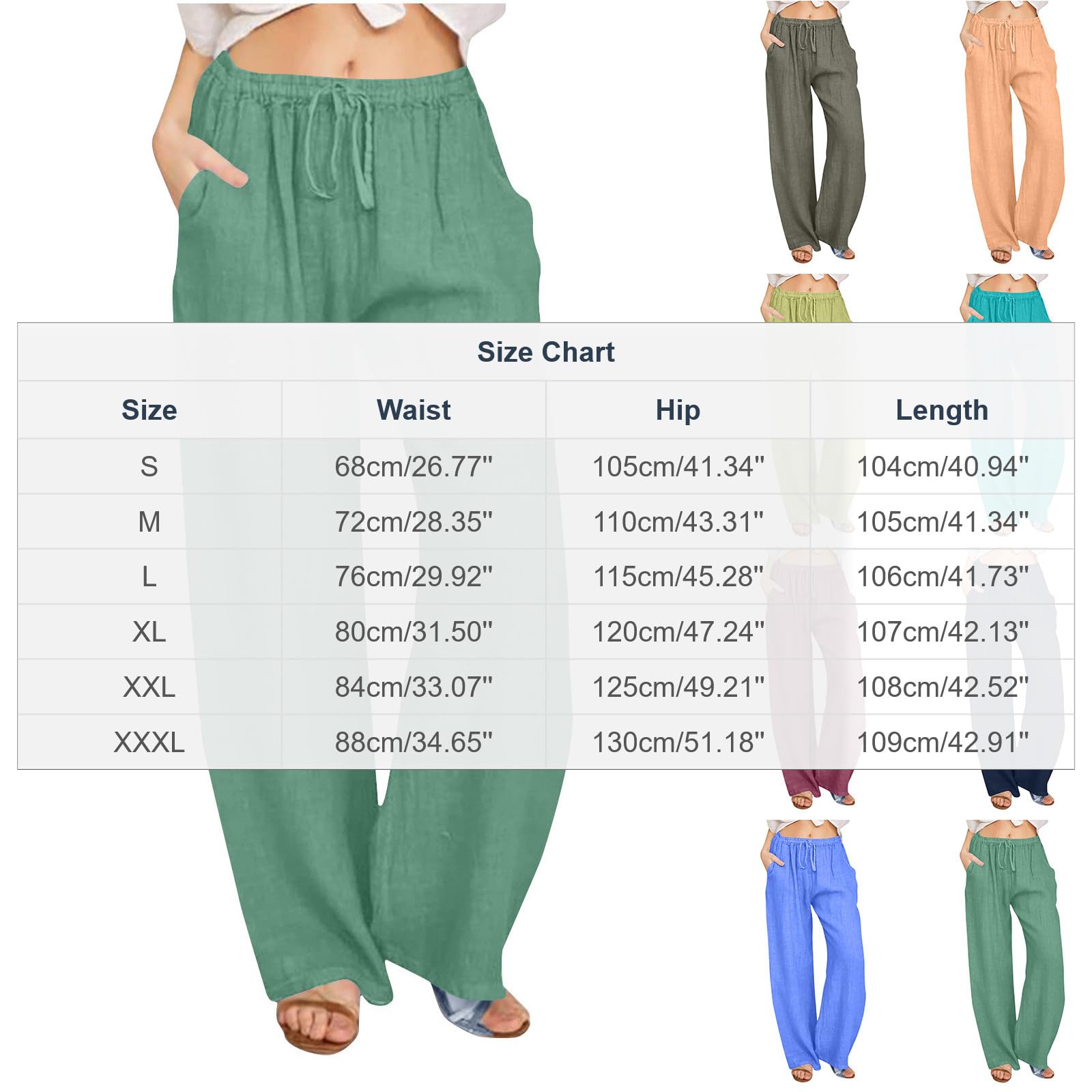 Cotton Linen Pants for Women Summer Drawstring Wide Leg Trousers High Waist Casual Palazzo Pants with Pockets - 3