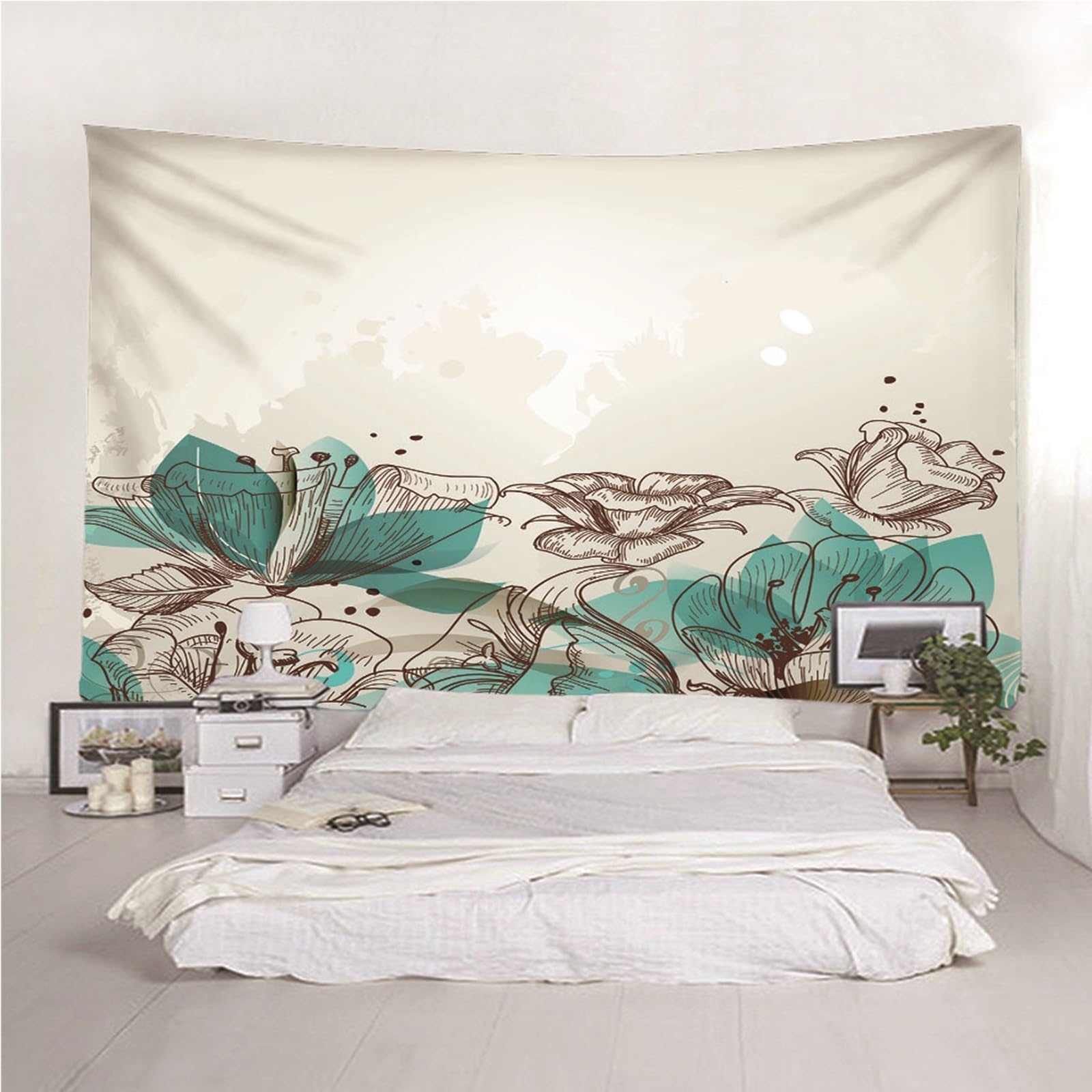 Lieson Arazzo Decorativo, Arazzo Decorativo da Parete 260x240CM Fiori Pittura A Inchiostro Tappeto Parete da Appendere Alla Parete Per Decorazione Della Casa, Grigio Verde