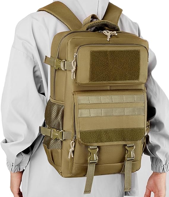 35L Tactical Backpack for Men Molle Backpacks Camping Daypacks,Khaki | Outdoor, Military, Travelling, Climbing, Hiking Daypacks, 600D Nylon,47*30*20cm, Adjustable Straps