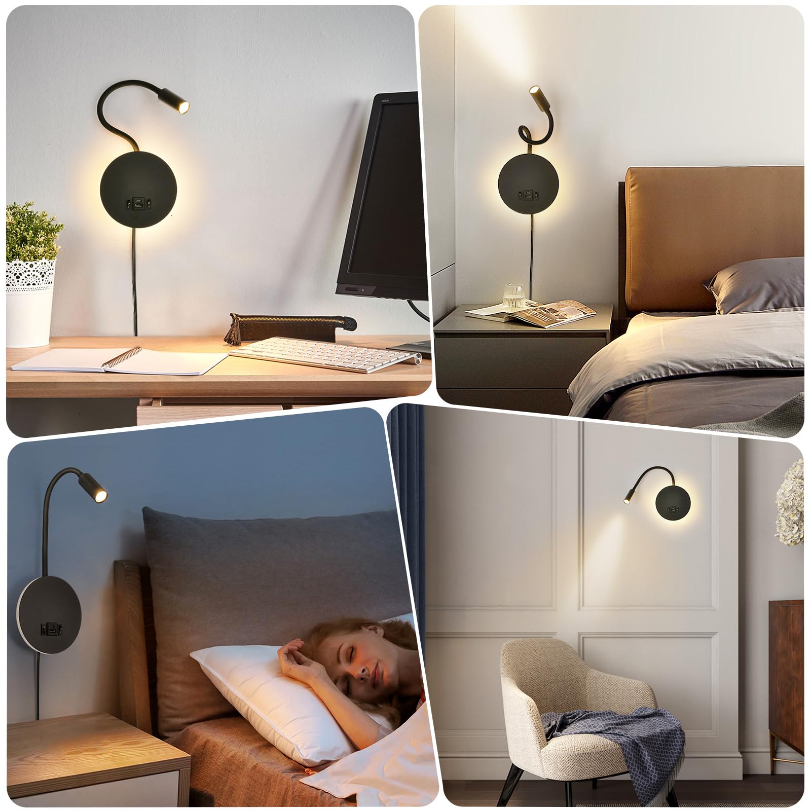 Lampe de Lecture Murale avec Port de Charge USB & USB-C et Prise, Lampe de Lit LED avec Éclairage Ambiant, Lampe de Lecture Murale Flexible, Lampe Murale avec Prise(Noir)