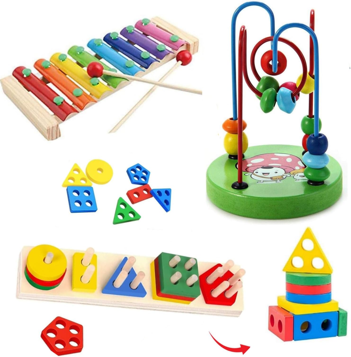 3-in-1 Wooden Toddler Education Baby Toys, Sorting & Stacking toys, Piano Xylophone, Bead Maze Roller Coaster, Color Balls Sorting - Montessori Wooden Toys for Toddlers, Boys, and Girls