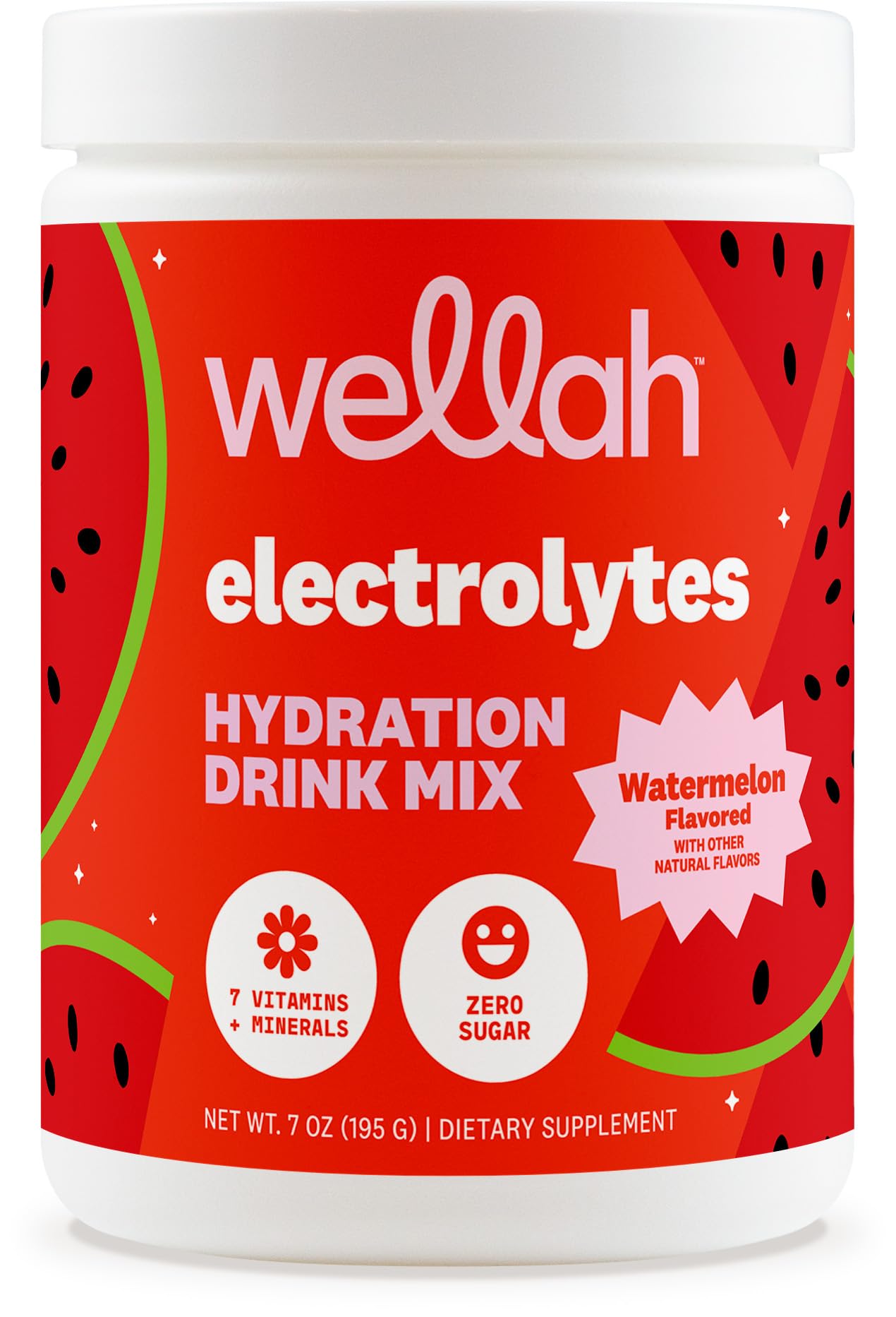 Wellah Electrolytes Powder (Watermelon) 50 Servings - Hydration Drink Mix, 7 Vitamins & Minerals, Zero Sugar