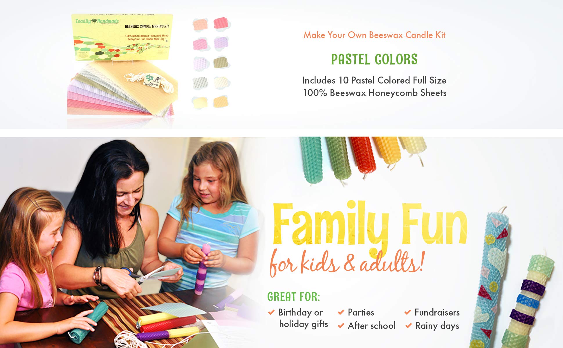 Beeswax Candle Making Kit with 10 Full Size (16" x 8") Pure Honeycomb Beeswax Sheets in Pastel Colors and 18 Feet of Cotton Wick - Candle Making Supplies DIY Craft Kit Made in USA - Image 6