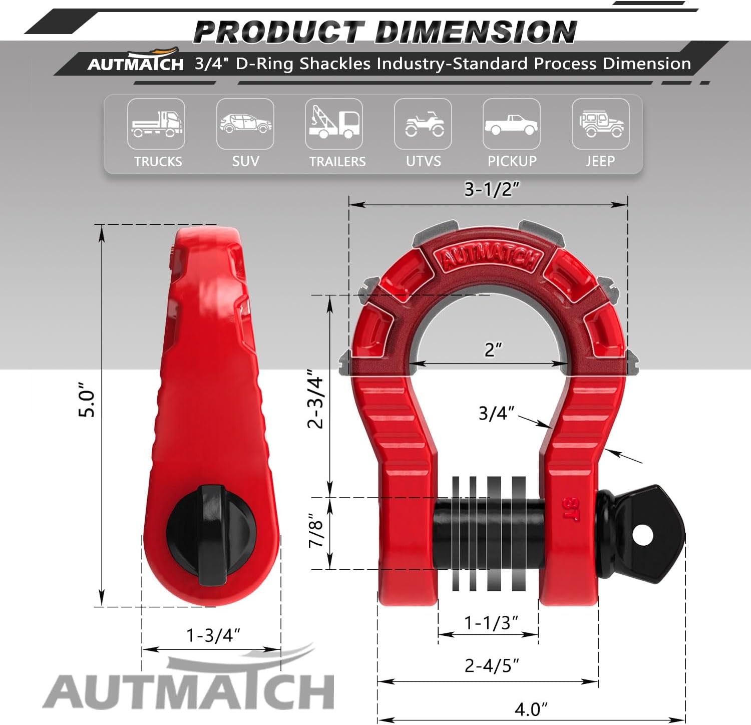 AUTMATCH D Ring Shackles 3/4" Mega Shackle (2 Pack) 68,000Ibs Break Strength - Heavy Duty Clevis Shackle 7/8" Screw Pin & Isolator Washer for Tow Strap Winch Off Road Vehicle Recovery, Red & Black