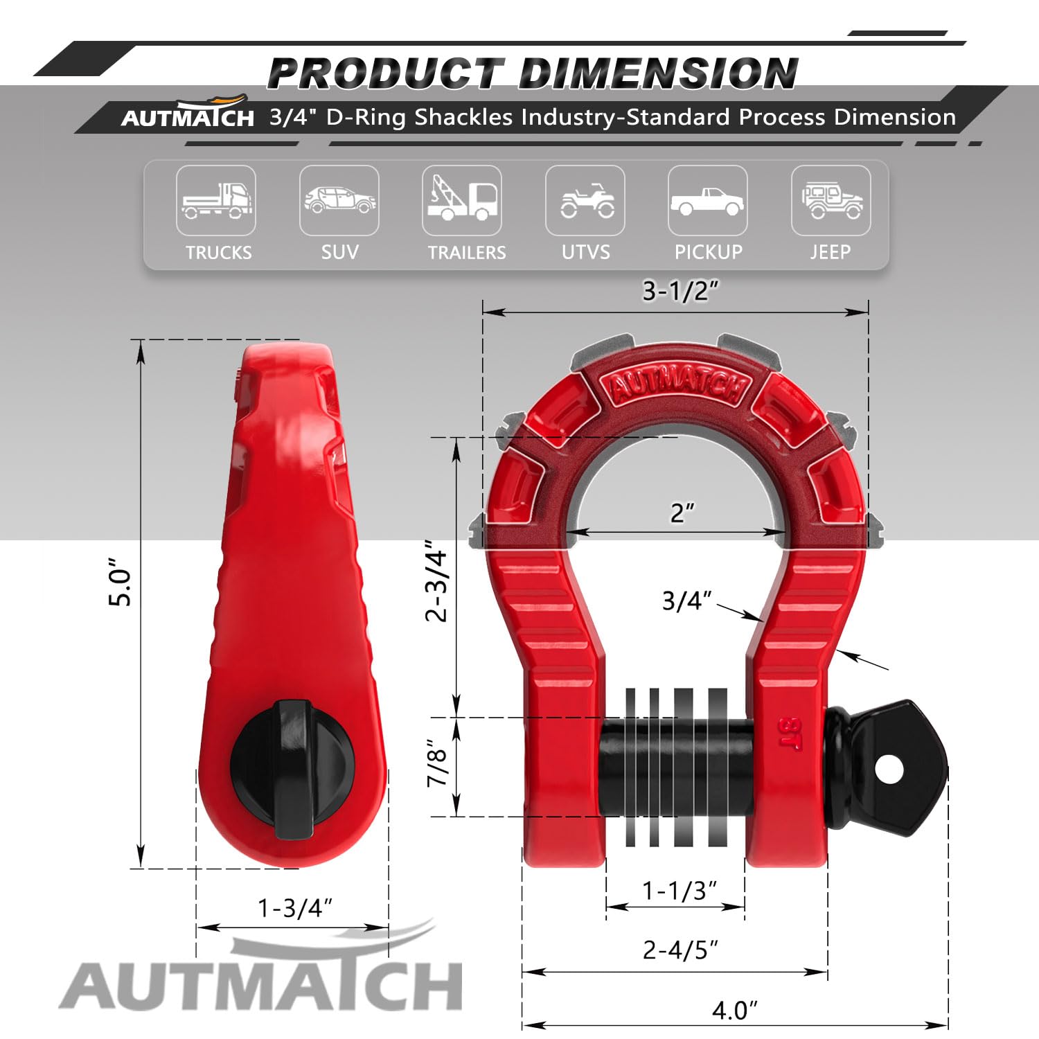 AUTMATCH Schäkel, 1,9 cm D-Ring-Schäkel (2 Stück), 2 Stück, Bruchfestigkeit mit 2,2 cm Schraubstift und Bügelisolator und Unterlegscheiben, Set für Abschleppgurt, Seilwinde, Geländewagen, Rot und