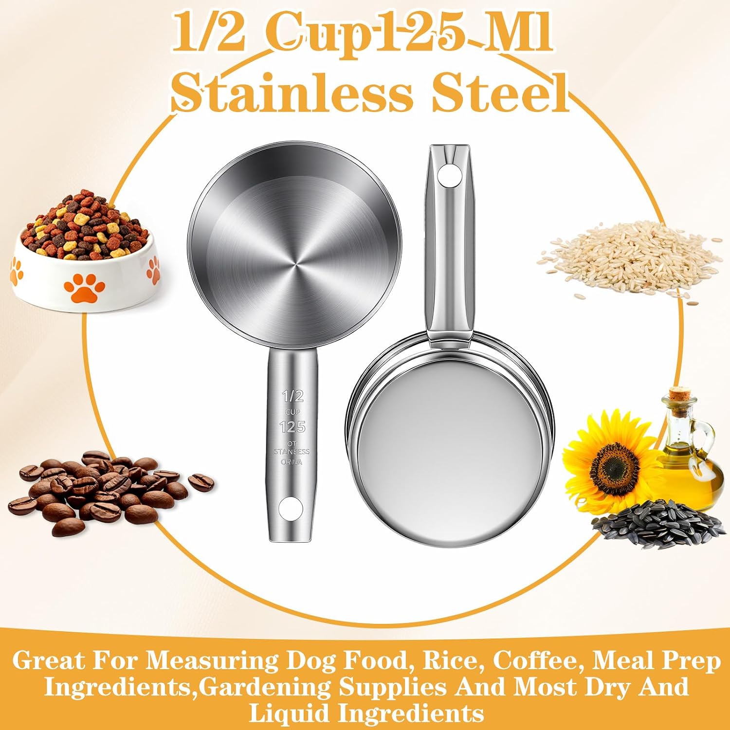 6 Pcs Stainless Steel Measuring Cups 1/2 Cup - 125ml Metal Scoops for Kitchen, Baking, Coffee & Pet Food, Dishwasher Safe & Rust-Proof
