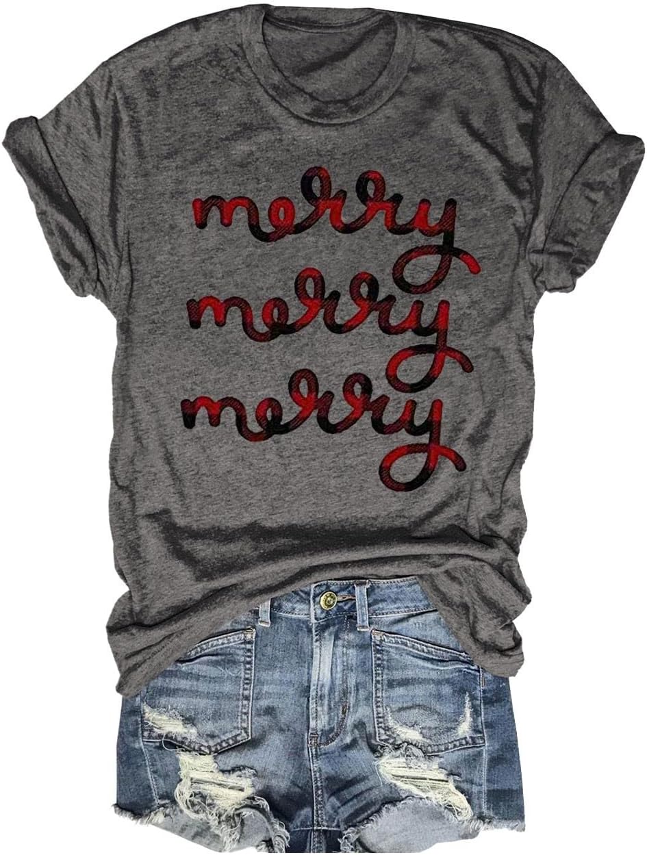 Beopjesk Women's Buffalo Plaid Tees Casual Short Sleeve Merry Letter Printed Graphic Blouse Tops