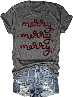 Beopjesk Women's Buffalo Plaid Tees Casual Short Sleeve Merry Letter Printed Graphic Blouse Tops