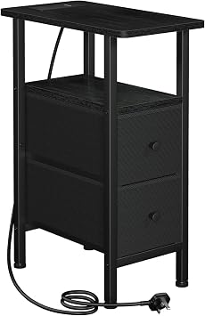 AMHANCIBLE Narrow Bedside Table, Slim Side Table with Charging Station | Small Table with 2 Fabric Drawers, Bed Side Table, Nightstand for Small Spaces, Living Room, Bedroom, Black UHETNDP02BK-1