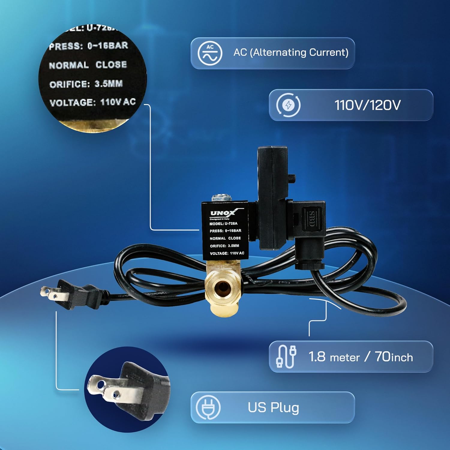 UNOX Electronic Drain Valve for Air Compressor, 1/2" NPT to 1/4" NPT 110/120V AC Automatic Timed Tank Drain Valve with 6 feet US Plug Cable - Max 235 PSI Solenoid Valve Assembled