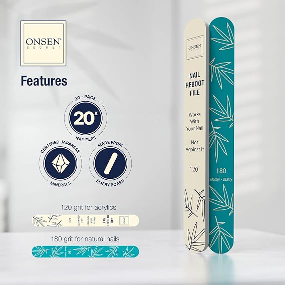 Onsen Secret Japanese Nail File - Professional 20-Pack Nail Files, Double Sided Natural & Acrylic Filers - 120/180 Grit - Disposable, Salon Smooth | Best Onsen File for Shiny Nails