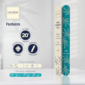 Onsen Secret Japanese Nail File - Professional 20-Pack Nail Files, Double Sided Natural & Acrylic Filers - 120/180 Grit - Disposable, Salon Smooth | Best Onsen File for Shiny Nails