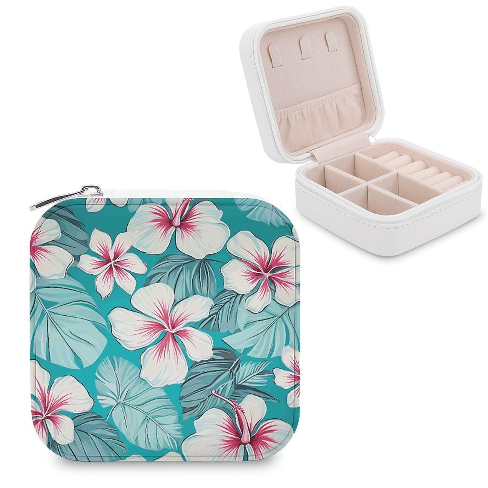 MUSM Tropical Hibiscus Flowers Travel Jewelry Case Personalized PU Leather Jewelry Boxes for Women Small Portable Jewelry Organizer Box Cute Trinket Box for Necklaces Rings Earrings & Gifts