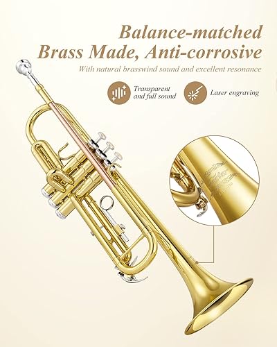 Miniatura 5 de Eastar ETR-390 Trompeta plana estándar B para principiantes intermedios, instrumento de trompeta mejorado avanzado con estuche rígido, kit de