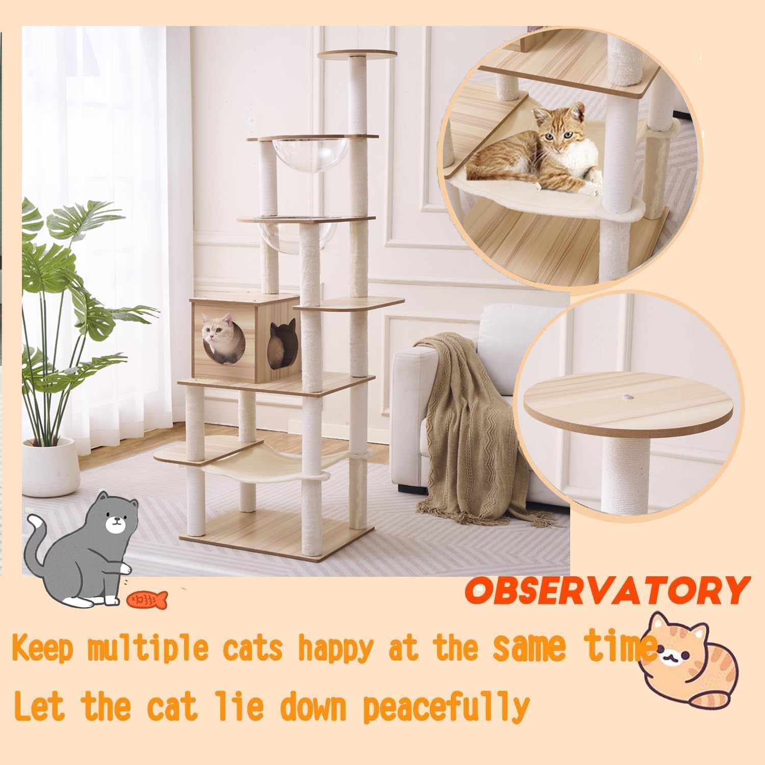 Tiragraffi per gatti 193 cm - 16 Tiragraffi grande - Amaca - 2 Cabine trasparenti - Giocattoli per gatti, Piattaforme di peluche.(KT1154)