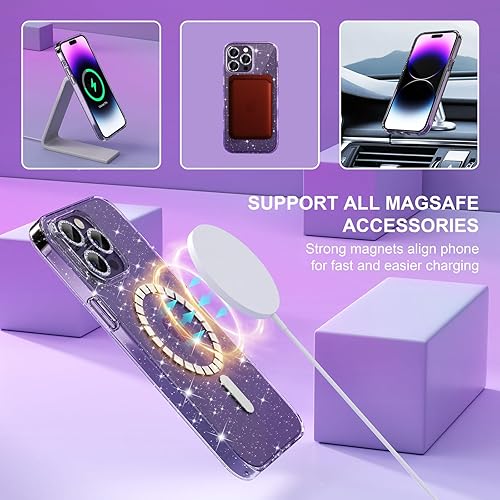 Miniatura 5 de Choiche Funda magnética para iPhone 14 Pro Max, funda transparente con purpurina para mujer, 3 protectores de lente de cámara con diamantes, 2