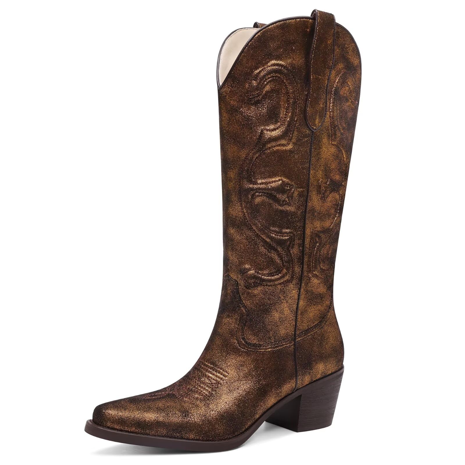 Womens Cowboy Boots Mid Calf Cowgirl Boots Pointed Toe Chunky Heel Fashion Embroidery Western Pull On Boots