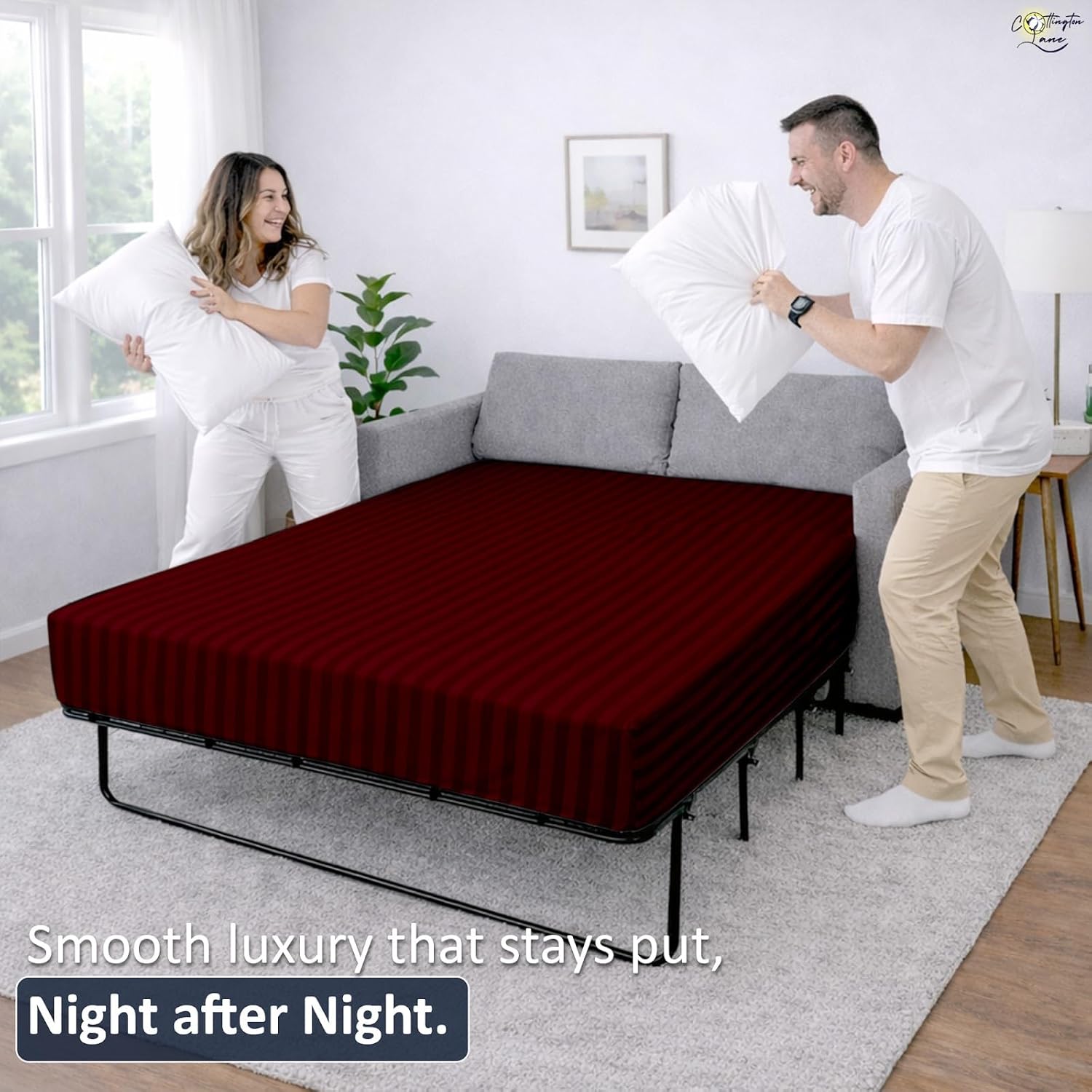Cottington Lane 1 Piece Sleeper Sofa Fitted Sheet Full Size, Premium Quality 100% Egyptian Cotton, 6 Inch Deep Sofa Bed/Pullout Couch Bottom Sheet Only, Cooling, Soft & Breathable, Burgundy Stripe