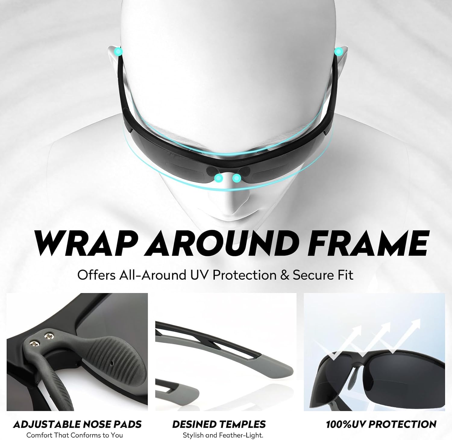 Missfive 2 Pack Mens Preferred Bifocal Sunglasses with Readers Built in, Sporty Semi-Rimless Wrap Dark Reading Glasses UV400 Protection, Adjustable Nose Pad Sun Reader for Outdoor/Driving +2.0