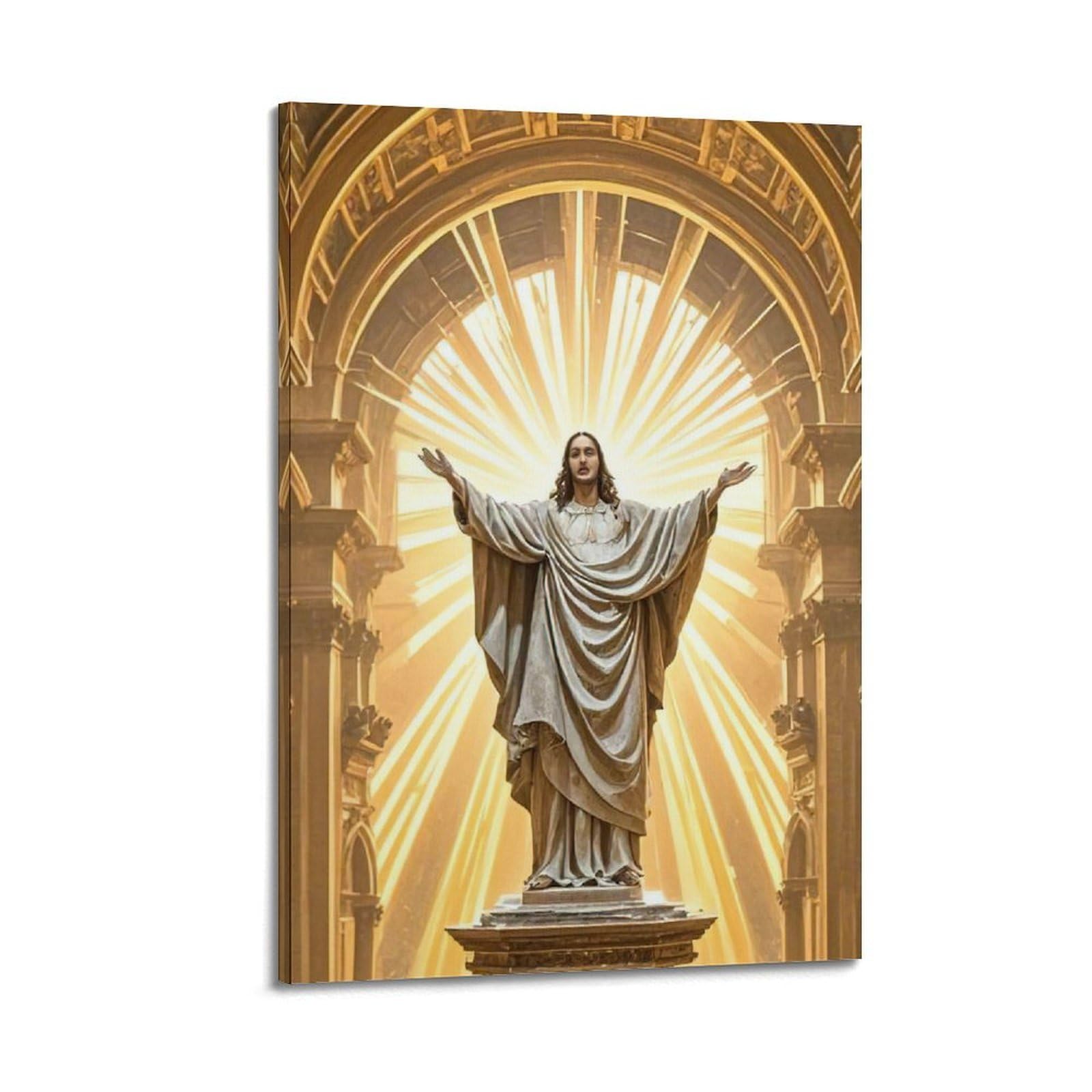 Xysxycp Frame-Style Wall Art Picture Print Statue Of Jesus With Outstretched Arms Surrounded By Light In Temple Poster Modern Family For Living Room Decor 16X24inch(40X60cm)