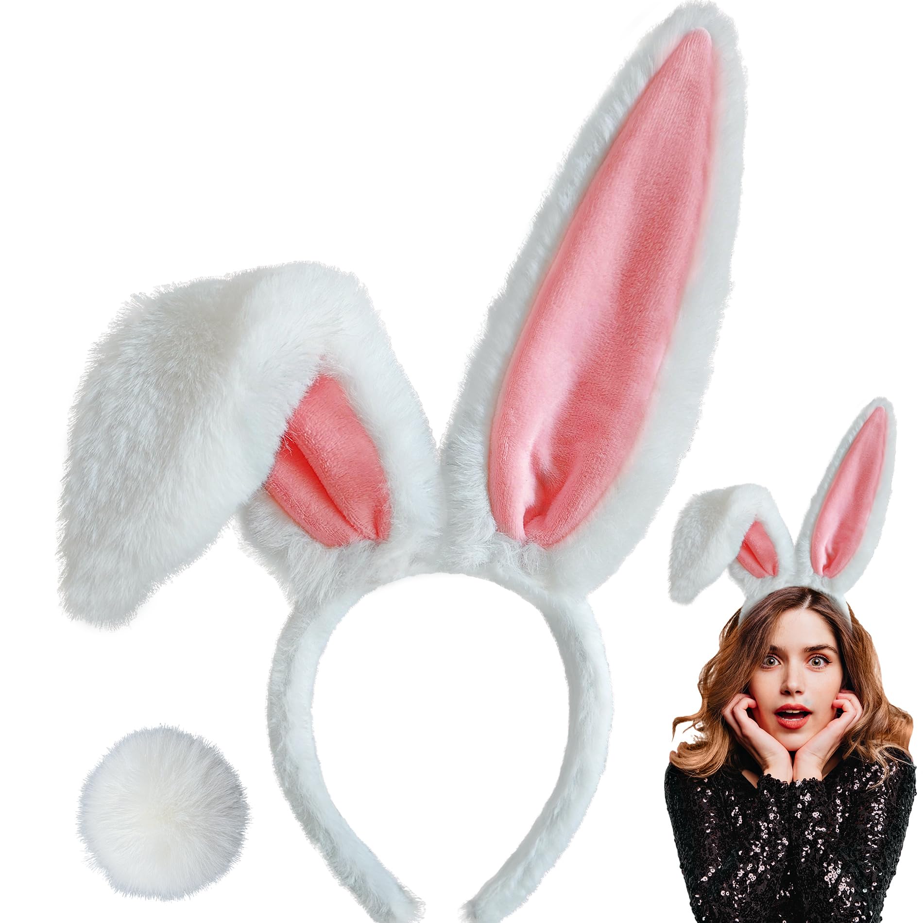 IGMaryBox Furry Bunny Ears Headband and Tail Plush Rabbit Ears Headband White Bunny Ears Hairband for Adult Women Easter Bunny Ears Costume Headwear Halloween Party
