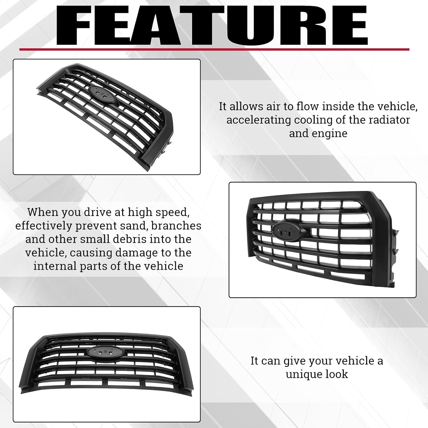 HECASA Front Bumper Grille Compatible with 2015-2017 Ford F150 F-150 Truck Replacement for FL3Z8200VPTM FO1200581C Upper Hood Grill ABS Plastic Painted Black