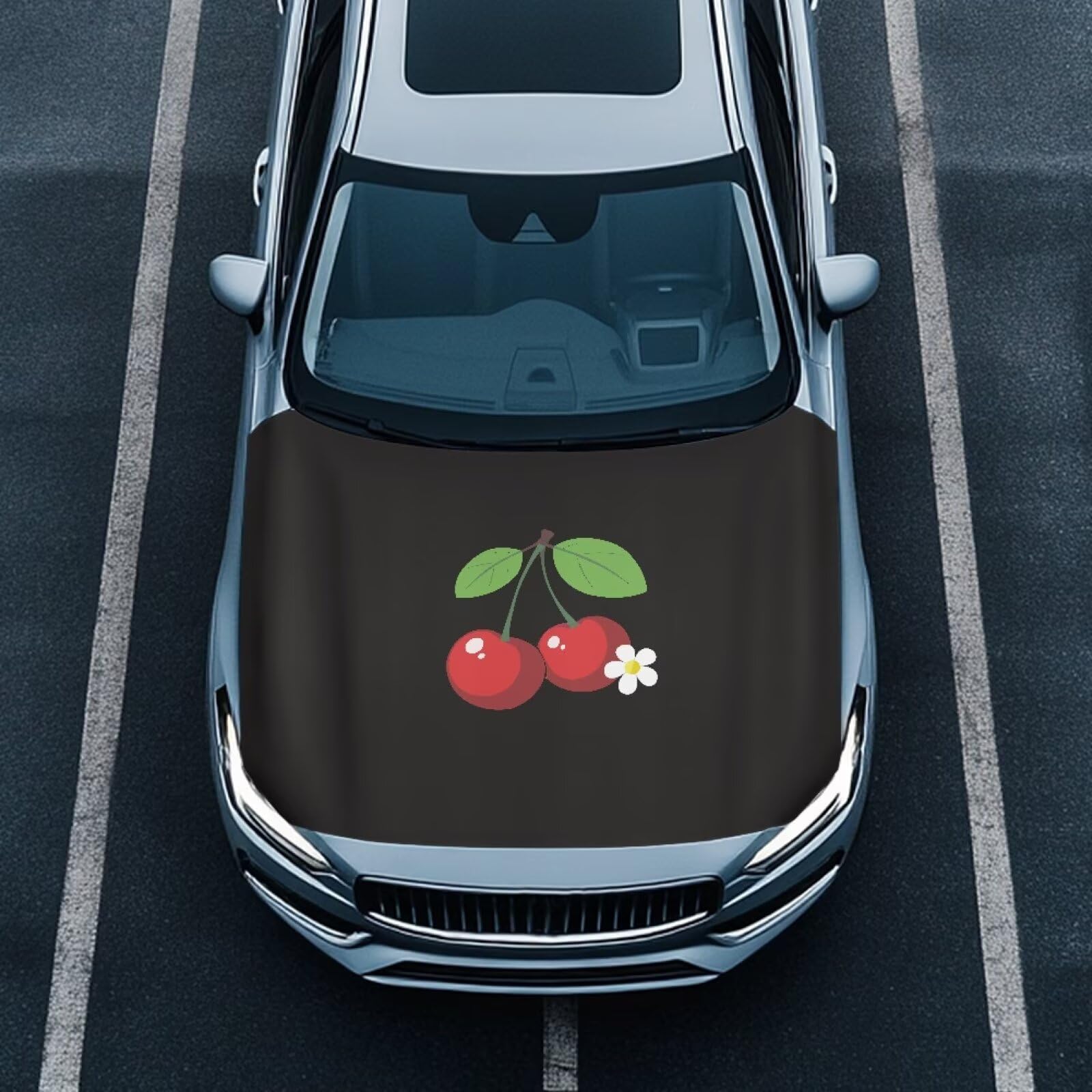 Red Cherries Car Hood Cover Elastic Polyester Car Hood Cover Waterproof Automotive Accessories Easy Installation for Car Hood Decoration and Protection