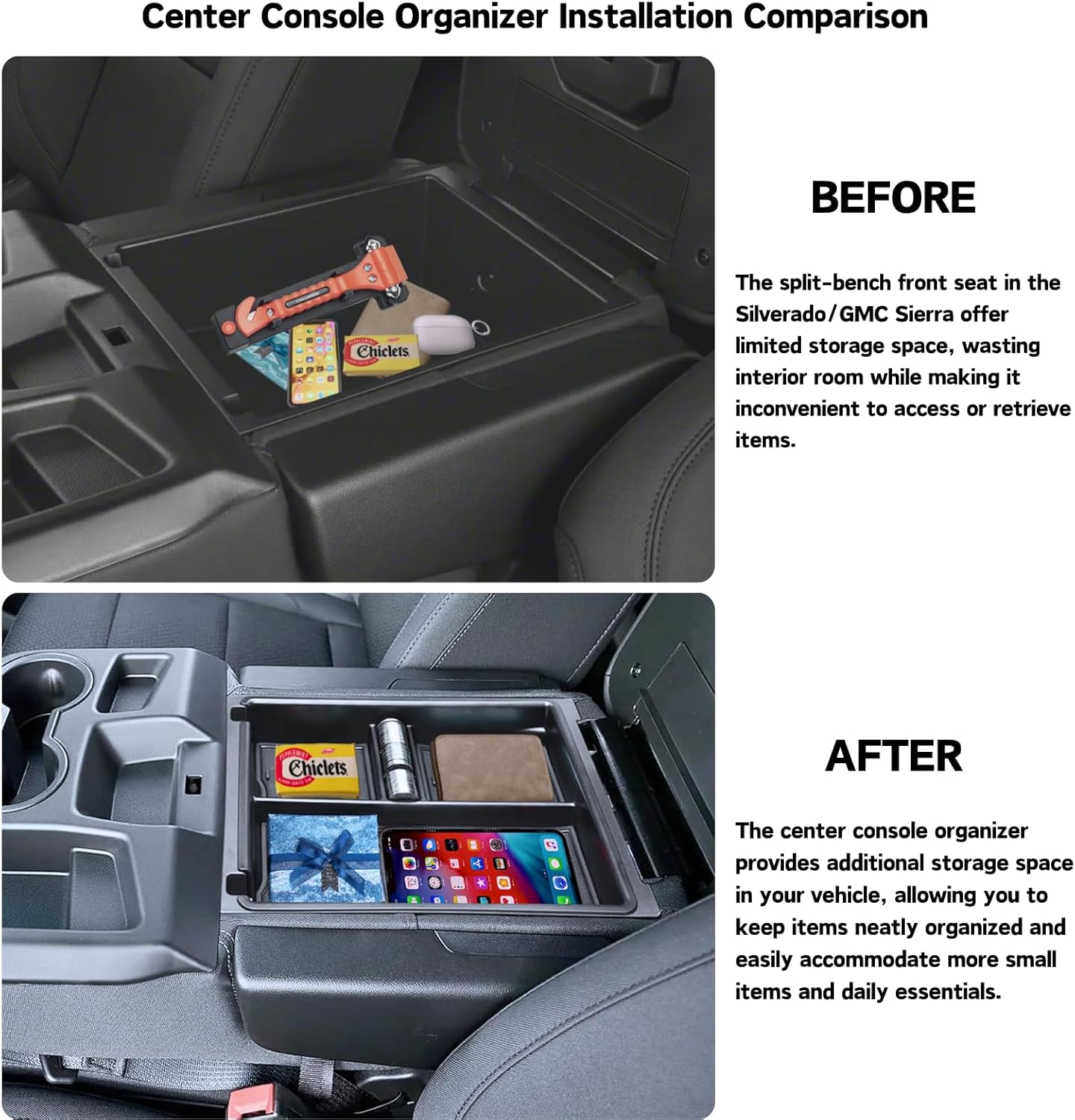 Center Console Organizer for 2019-2026 Chevy Silverado/GMC Sierra 1500, 2020-2026 Silverado/Sierra 2500HD 3500HD Accessories Armrest Storage Tray (Applicable only to Split Bench Seat)