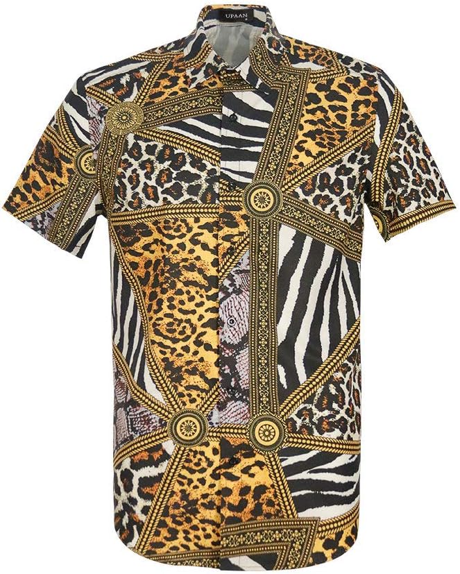 UPAANMen's Leopard Printed Disco Shirts Short Sleeve Button Down Casual Shirt