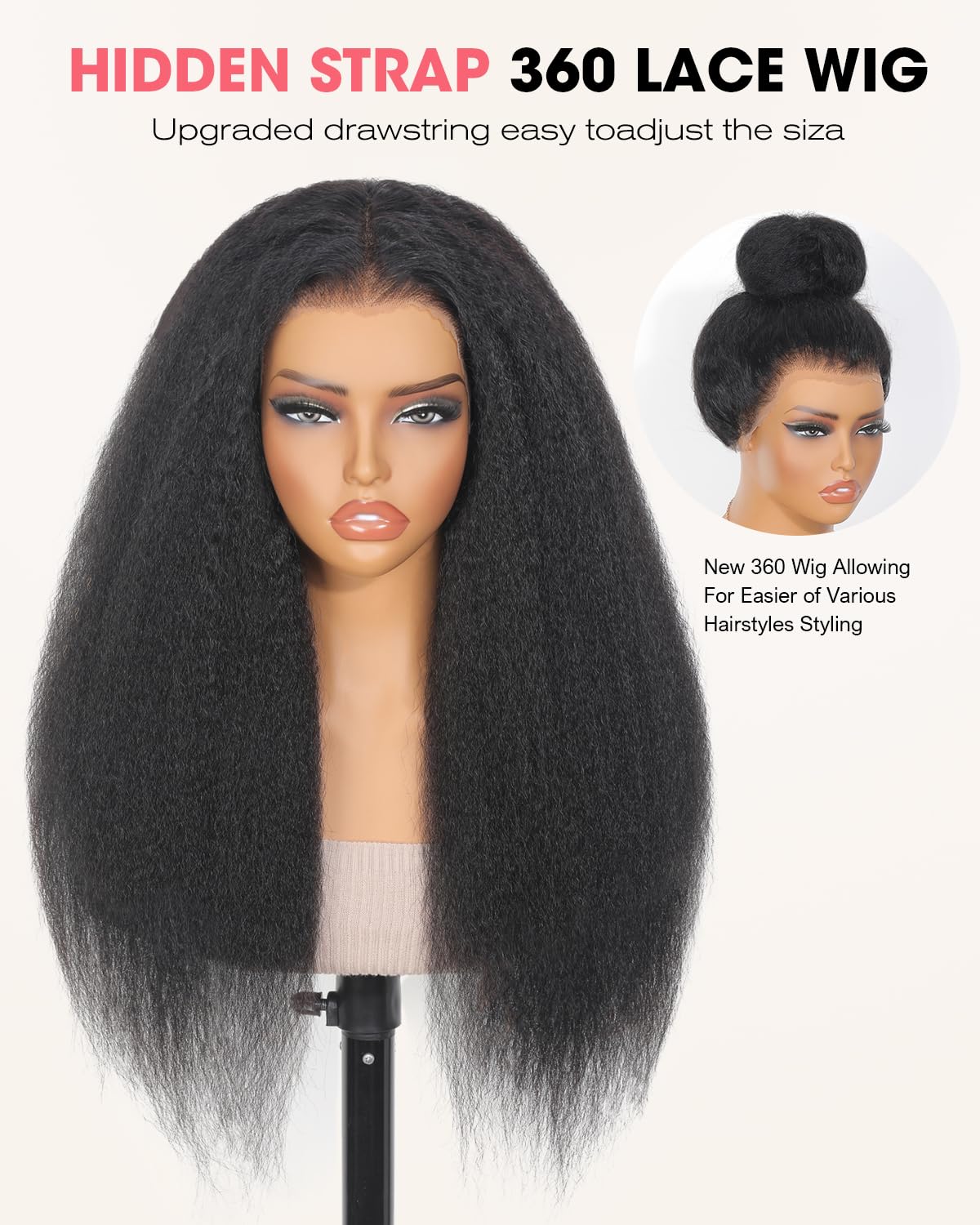 18 inch Kinky Straight Hidden Strap Invisi-Drawstring 220% Density 360 HD Full Lace Front Wigs Human Hair Pre Plucked Pre Cut Yaki 360 Frontal Glueless Wigs Human Hair Can make high ponytail&bun - Image 3