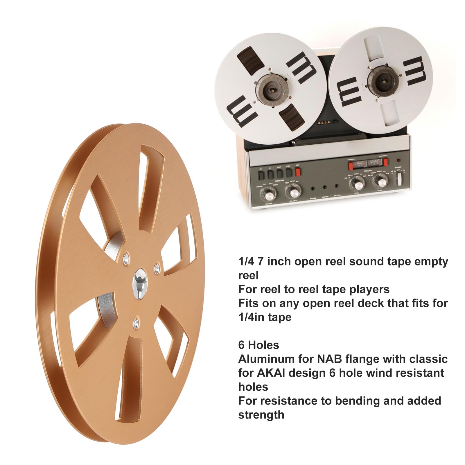 1/4 7 Zoll Leere Bandspule, Universeller Ersatz aus Aluminiumlegierung für Reel-to-Reel-Kassettenspieler (GOLD)