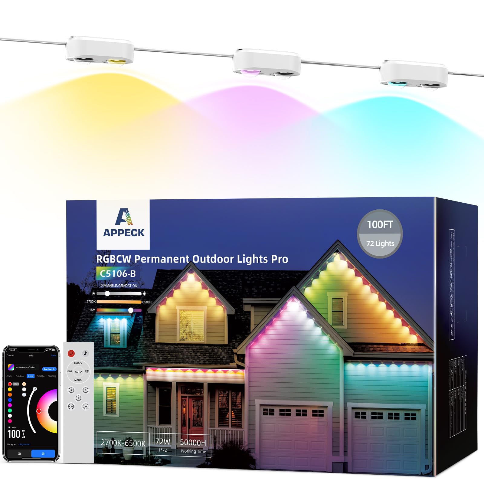 APPECK Permanent Outdoor Lights Pro 100ft, RGBCW Smart Eaves Lights with 72 LED Lights, Dual Lens, Cuttable, 111 Scene Modes, IP67 Waterproof Lighting for Holiday Decoration, Work with Alexa, White