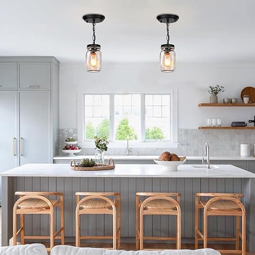 Miniatura 7 de PUZHI HOME Paquete de 2 lámparas de tarro de masón, 1 luz de isla de cocina, candelabro de cristal para casa de campo, cerca del techo, para