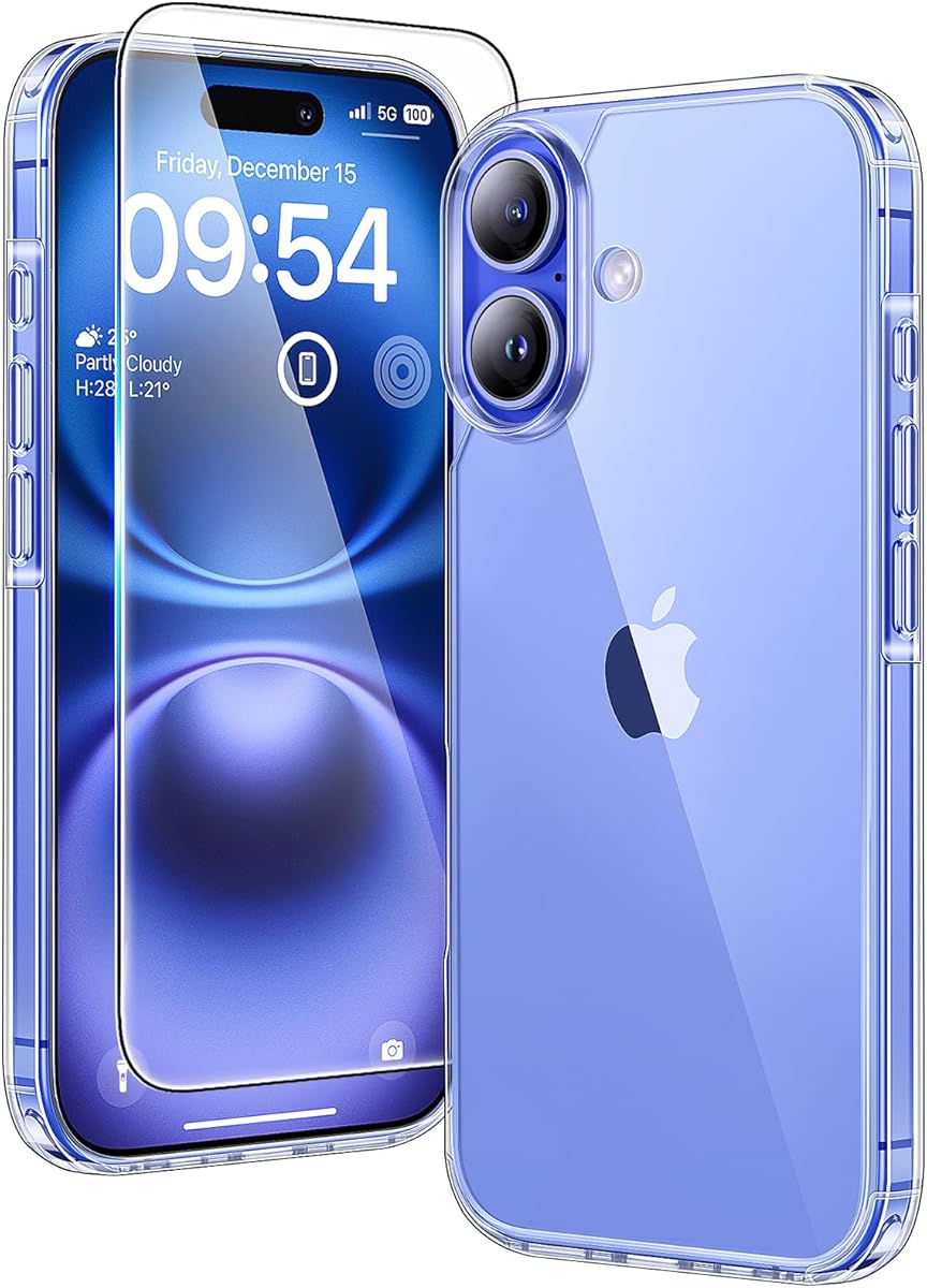 TAURI für iPhone 16 Hülle 6,1" mit Panzer Schutz Glas Folie, Schutz nach Militärstandard, [Anti-Vergilbung] Stoßfest Transparent Handyhülle - Durchsichtig