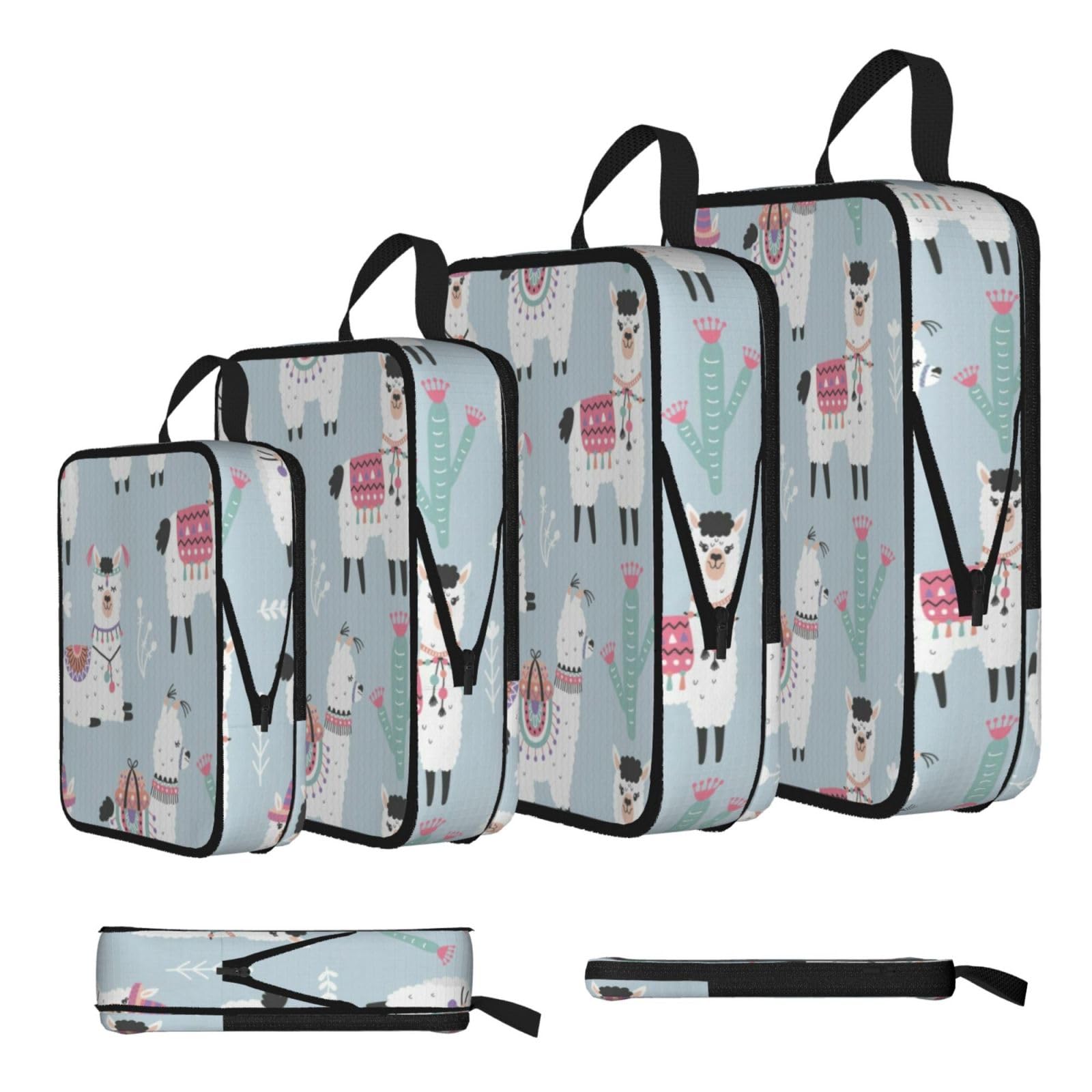 Cute Alpaca Print 4 Set Compression Packing Cubes For Suitcases,Expandable Storage Bags Organizers