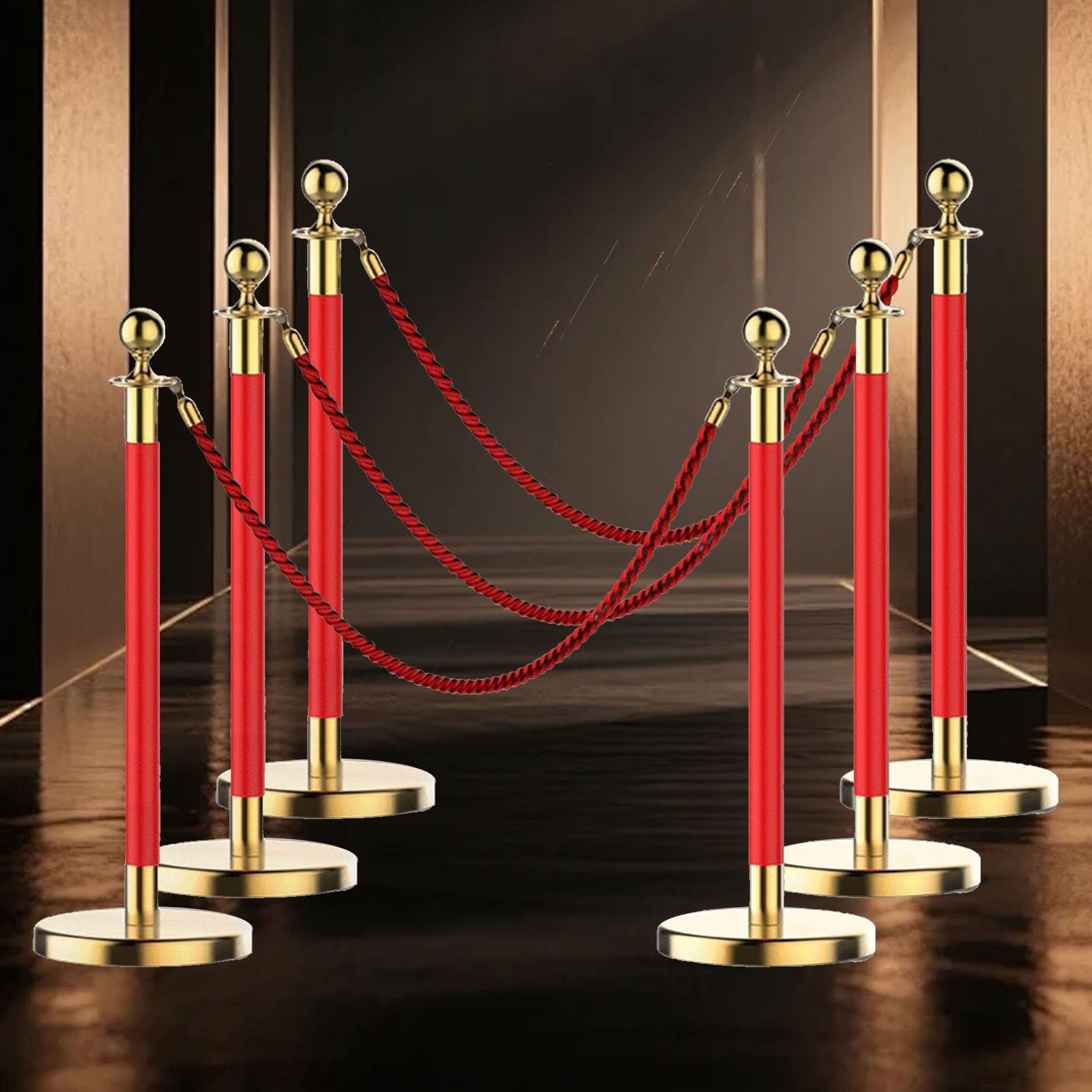 Aioneer 6 Pack Stainless Steel Stanchions With Rope, Crowd Control Barriers For Events, Parties, Weddings, Theaters, Museums, And Exhibitions-Red-6pcs