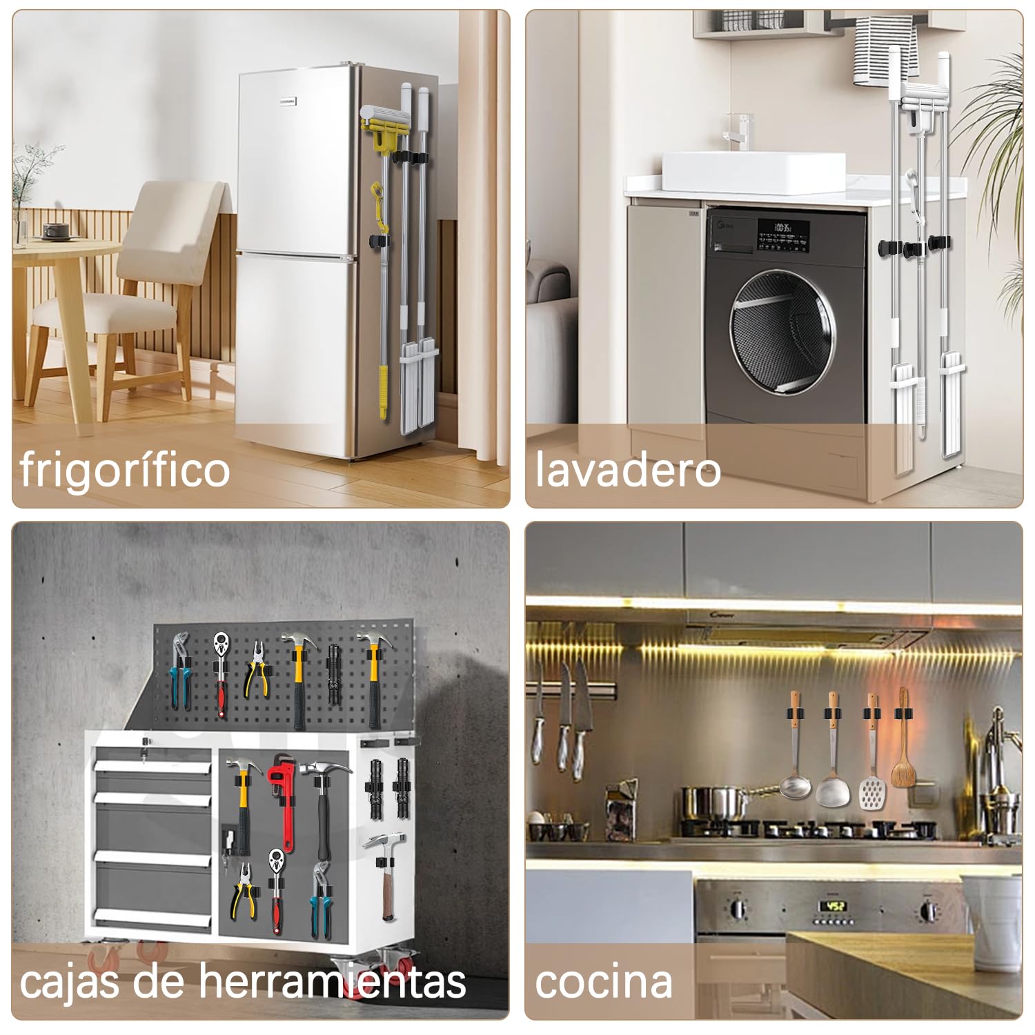 3-H 8 soportes magnéticos para escobas, de acero inoxidable, para escobas, herramientas de jardín y escobas, con 8 ganchos magnéticos para cocina, baño, garaje, jardín, hogar, color negro