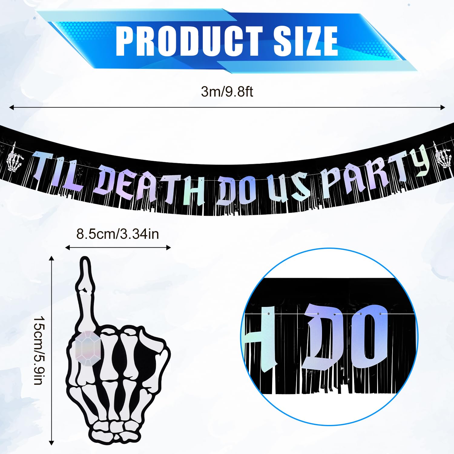 PEUTIER Til Death Do Us Party Banner with Fringe Garland, Black & Iridescent, Wedding & Halloween Party Decoration Sign - Image 2