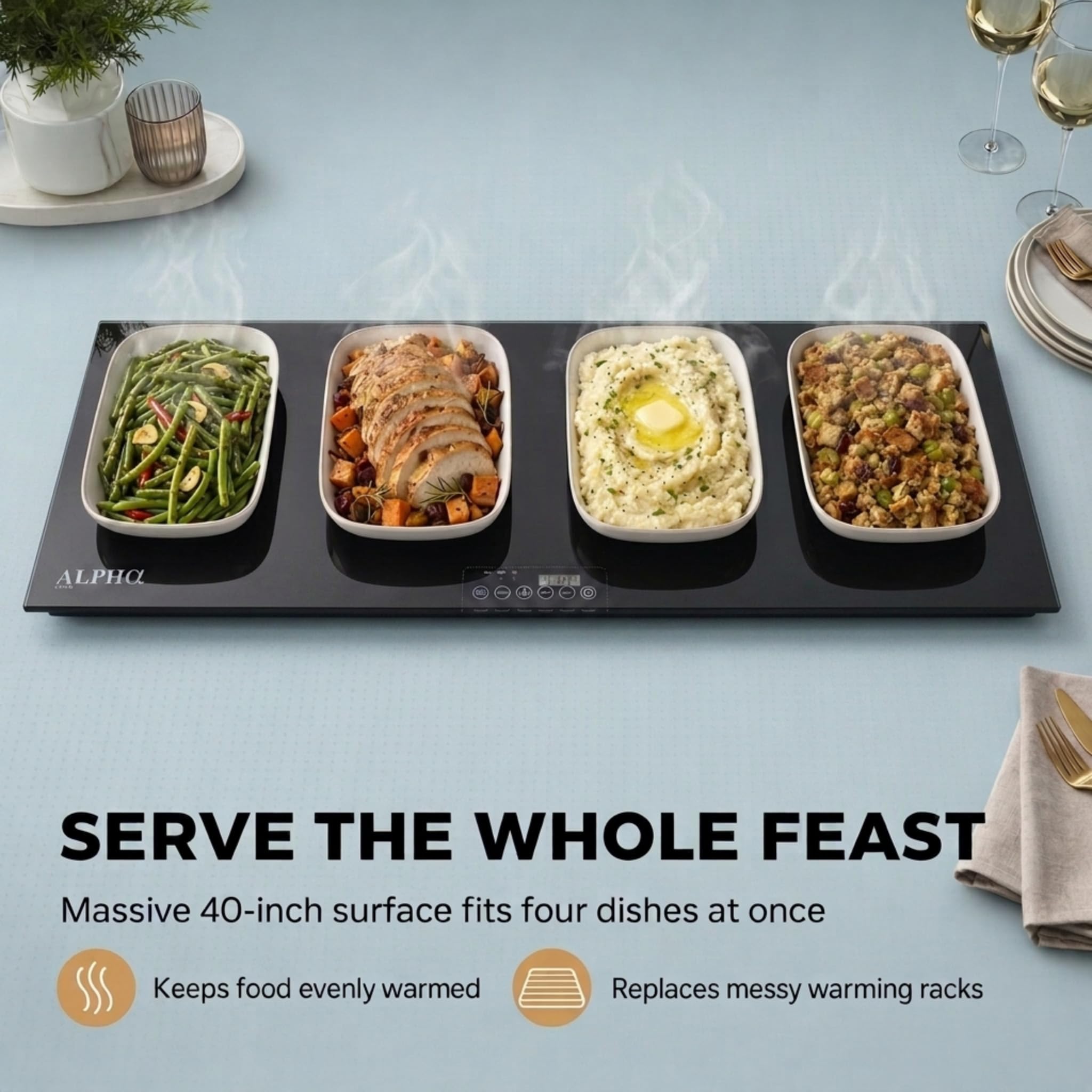 Alpha Living Warming Tray for Food – 40 Inch Glass Top Food Warmers for Parties Buffet – Tempered Glass Electric Warming Mat with 3 Heat Settings – Buffet Warmer for Events, Parties, Catering — Amazon image 2