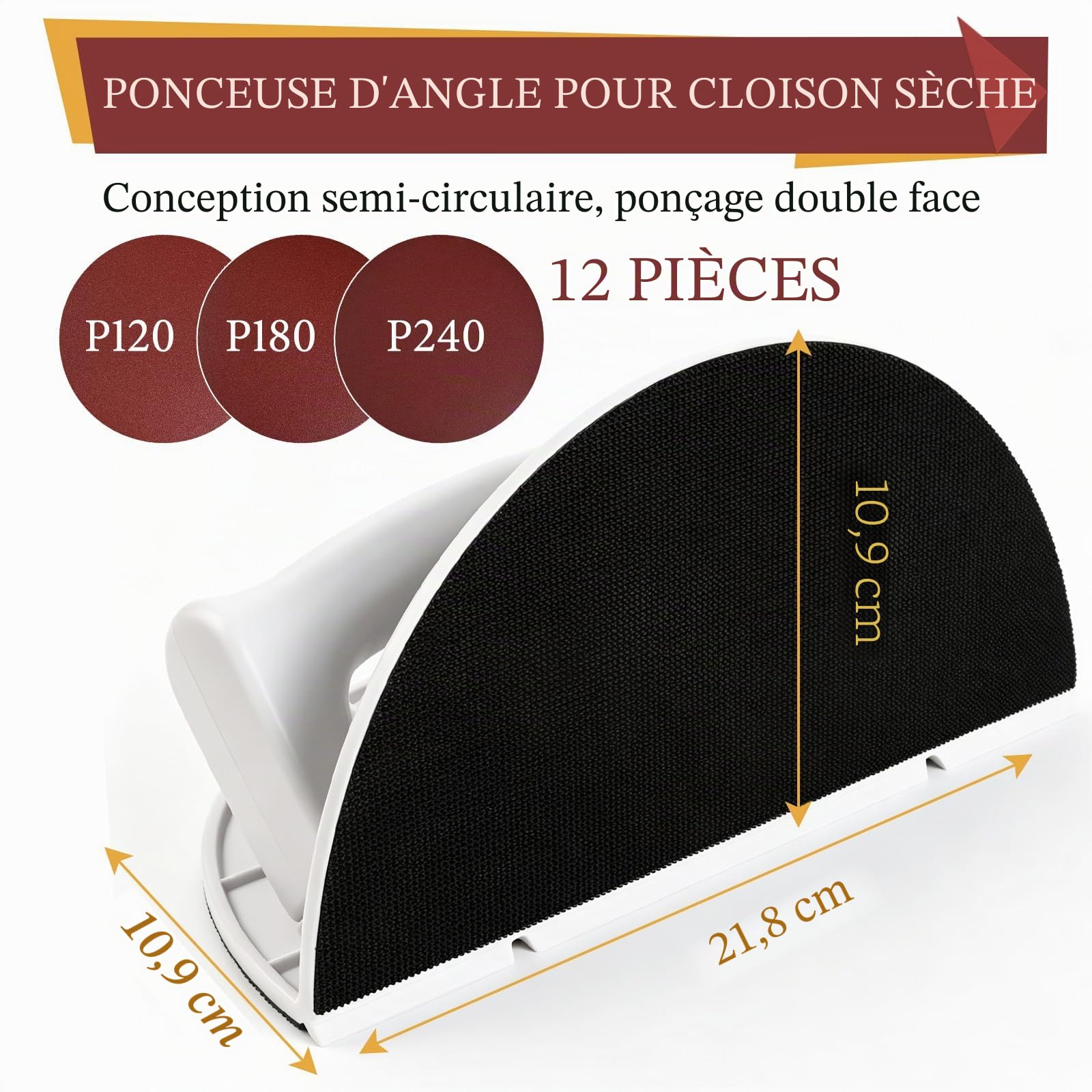Ponceuse d'angle pour cloison sèche, outil de ponçage d'angle avec 12 disques de ponçage réutilisables de 22,9 cm pour nettoyage des murs et des coins (grain 120/180/240)
