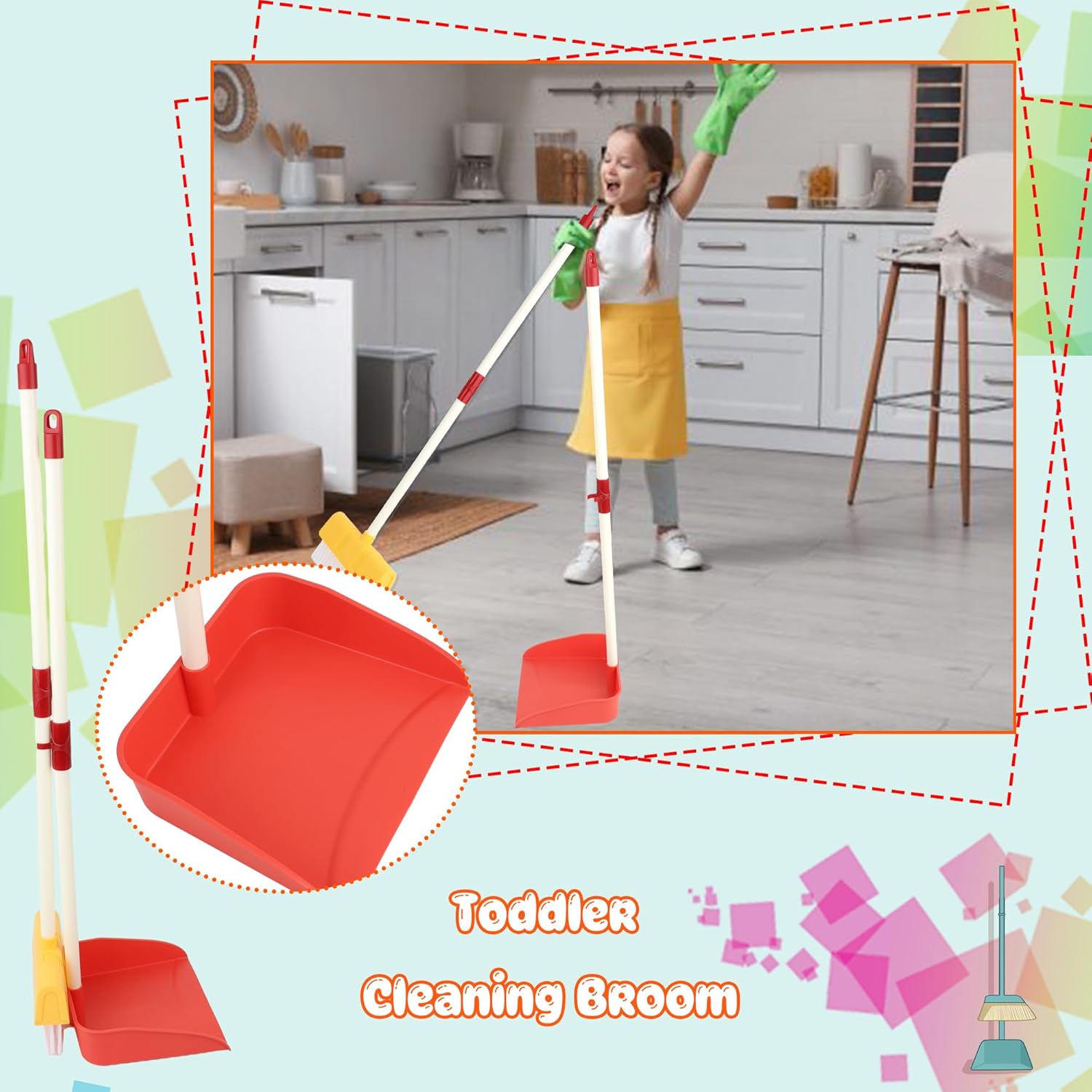 6 Pcs Kids Cleaning Toy Set Including 3 Pcs Toddlers Broom 3 Pcs Child Dust Pan Bulk for Boys Girls Housekeeping Pretend Play Cleaning Toys Gift