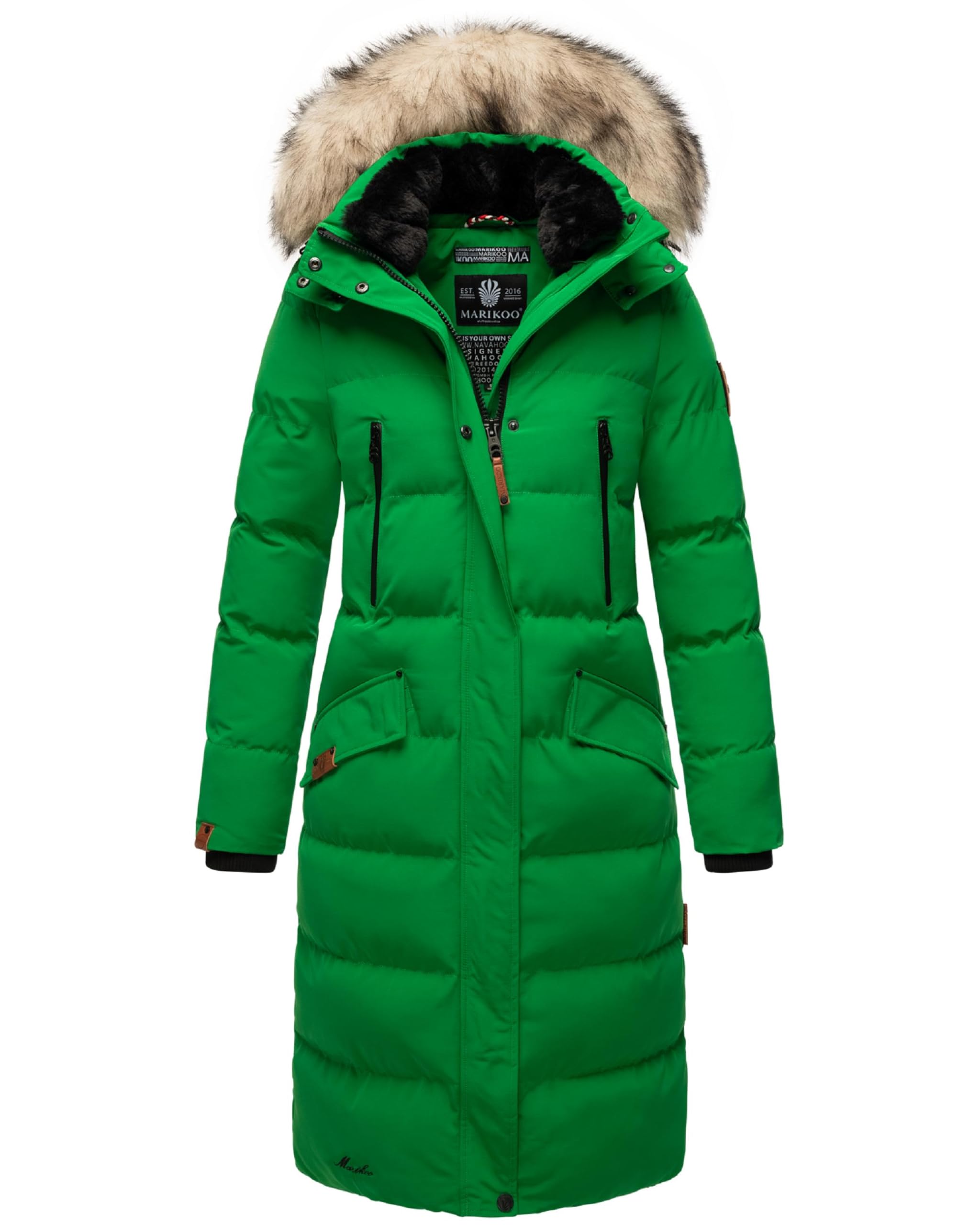 Marikoo Women's Emerald Green Winter Coat, Warm Quilted Coat, Long With Removable Faux Fur And Hood, Snow Star, Xs–Xxl, Xs