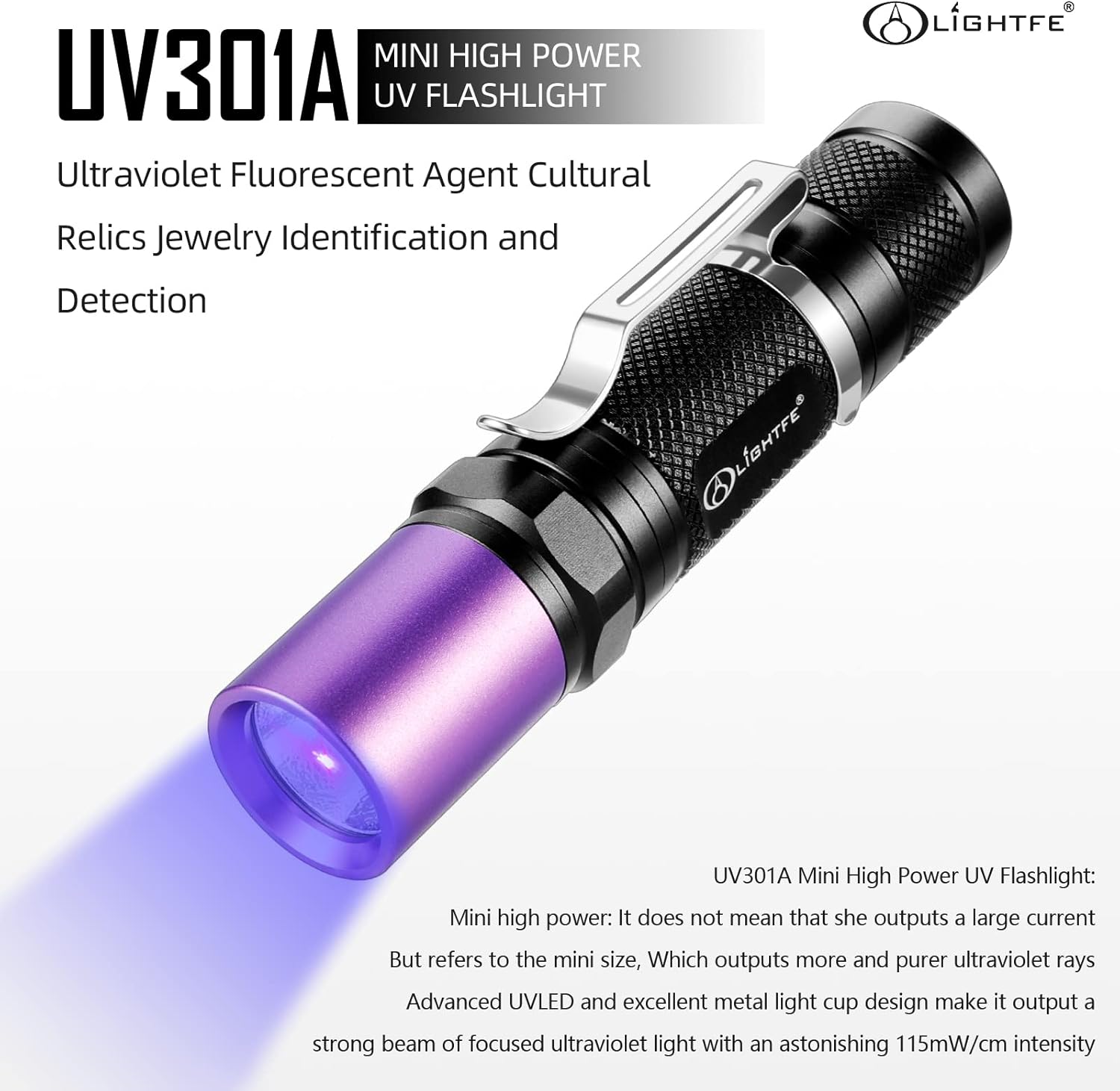 LIGHTFE Black Light UV Flashlight with LG UV 395nm LED Source UV Light for Pet Urine Stain Detector, Professional Jade and Amber Appraisal High Power UV Flashlight